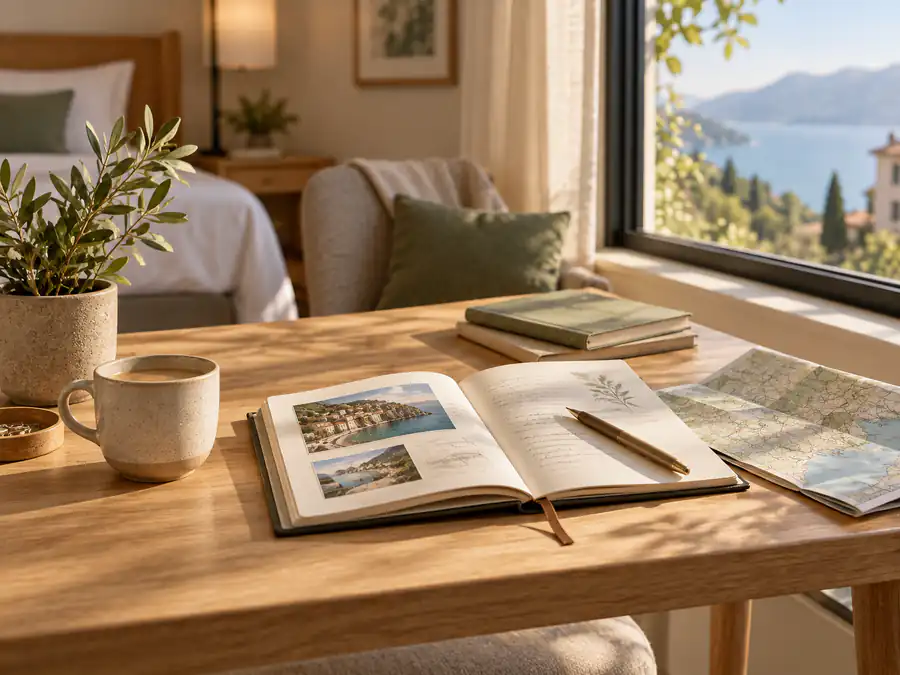Minimalist Nordic interior with architectural books and a view